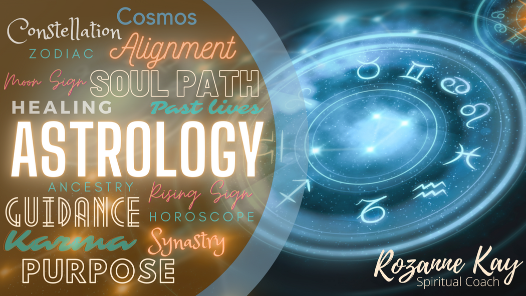 Spiritual Life Coaching Astrology chart graphic, "Constellation, cosmos, zodiac, alignment, moon sign, soul path, healing, past lives, ancestry, rising sign, guidance, horoscope, karma, synastry, purpose"